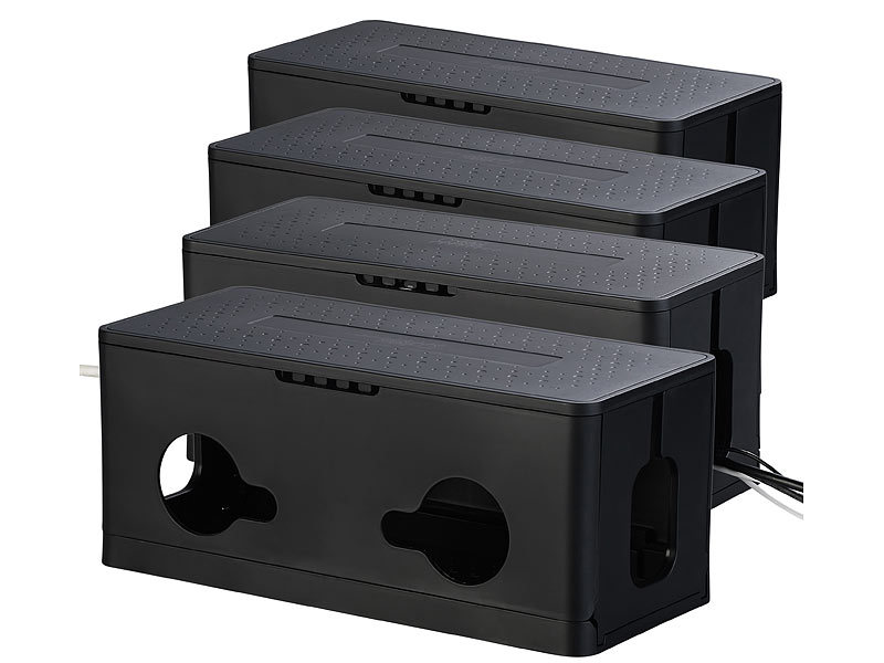 4er-Set Kabel- & Steckdosen-Box mit Kabelschlitzen, Belüftung, schwarz 4er-Set Kabel- & Steckdosen-Box mit Kabelschlitzen, Belüftung, schwarz