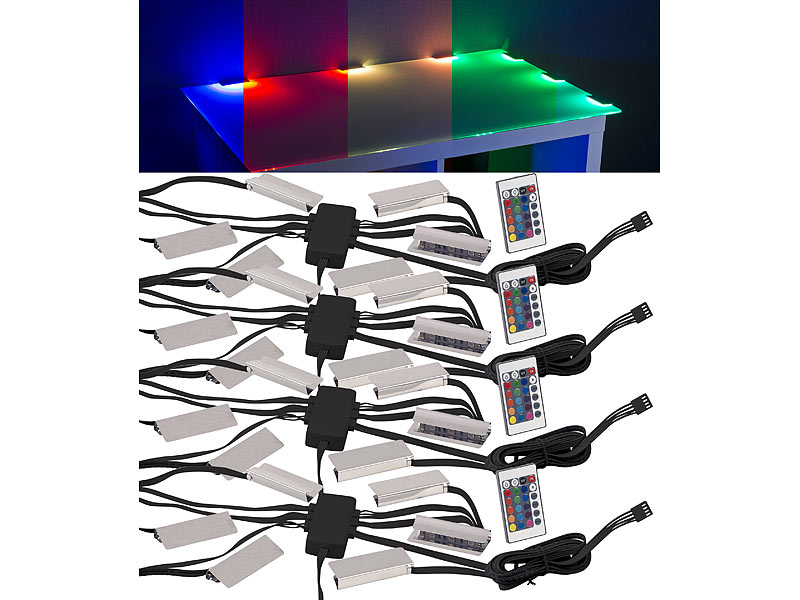 4er-Set LED-Glasbodenbeleuchtung mit Fernbedienung: 6 Klammern mit 18 RGB-LEDs 4er-Set LED-Glasbodenbeleuchtung mit Fernbedienung: 6 Klammern mit 18 RGB-LEDs