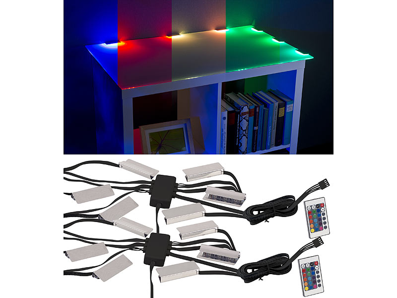 2er-Set LED-Glasbodenbeleuchtung mit Fernbedienung: 6 Klammern mit 18 RGB-LEDs 2er-Set LED-Glasbodenbeleuchtung mit Fernbedienung: 6 Klammern mit 18 RGB-LEDs