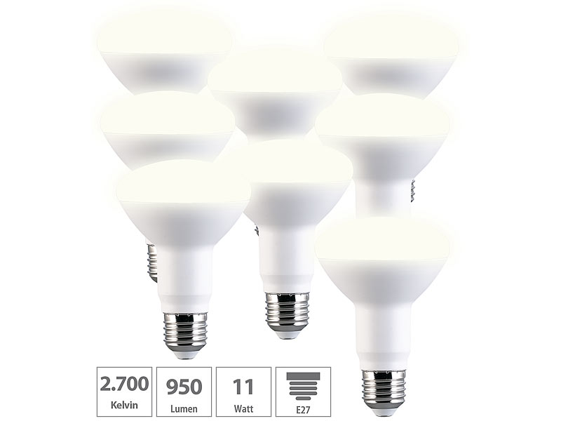 8er-Set LED-Reflektor R80, E27, 11 Watt (ersetzt 100 Watt) 950 lm, warmweiss, 2700 k 8er-Set LED-Reflektor R80, E27, 11 Watt (ersetzt 100 Watt) 950 lm, warmweiss, 2700 k
