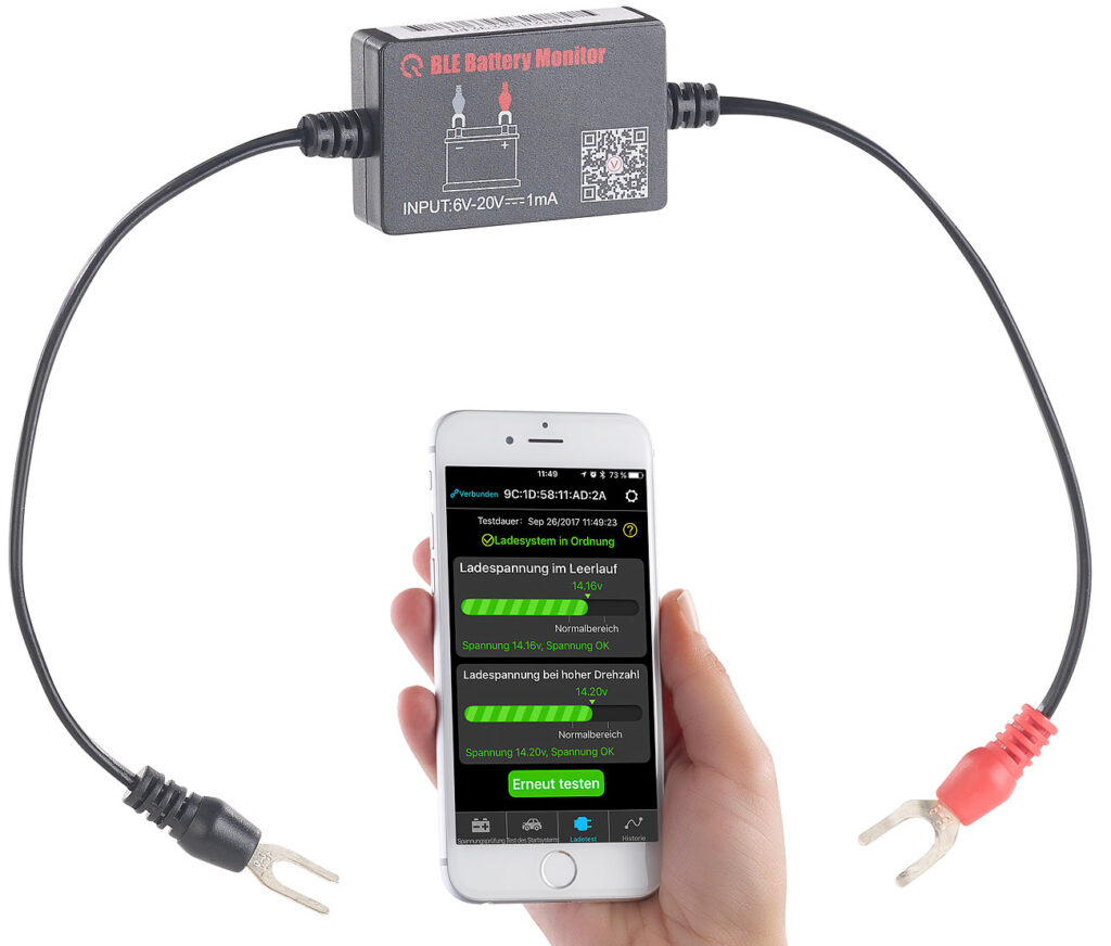 Kfz-Batterie-Wächter mit Bluetooth und App, für 12-Volt-Batterien Kfz-Batterie-Wächter mit Bluetooth und App, für 12-Volt-Batterien