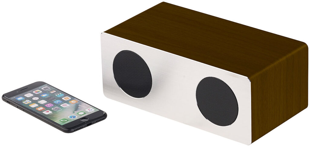Stereo-Lautsprecher, Bluetooth, Holzgehäuse, Alu-Front, 20 W, 400 mAh Stereo-Lautsprecher, Bluetooth, Holzgehäuse, Alu-Front, 20 W, 400 mAh