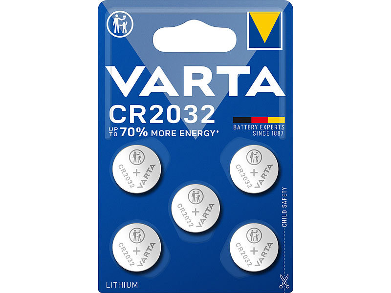 Lithium Knopfzelle, CR2032, 3 Volt, 230 mAh (5er-Pack) Lithium Knopfzelle, CR2032, 3 Volt, 230 mAh (5er-Pack)