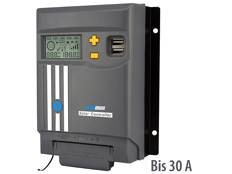 MPPT-Solarladeregler für 12/24-V-Batterie, mit 30 A, Display, USB-Port MPPT-Solarladeregler für 12/24-V-Batterie, mit 30 A, Display, USB-Port