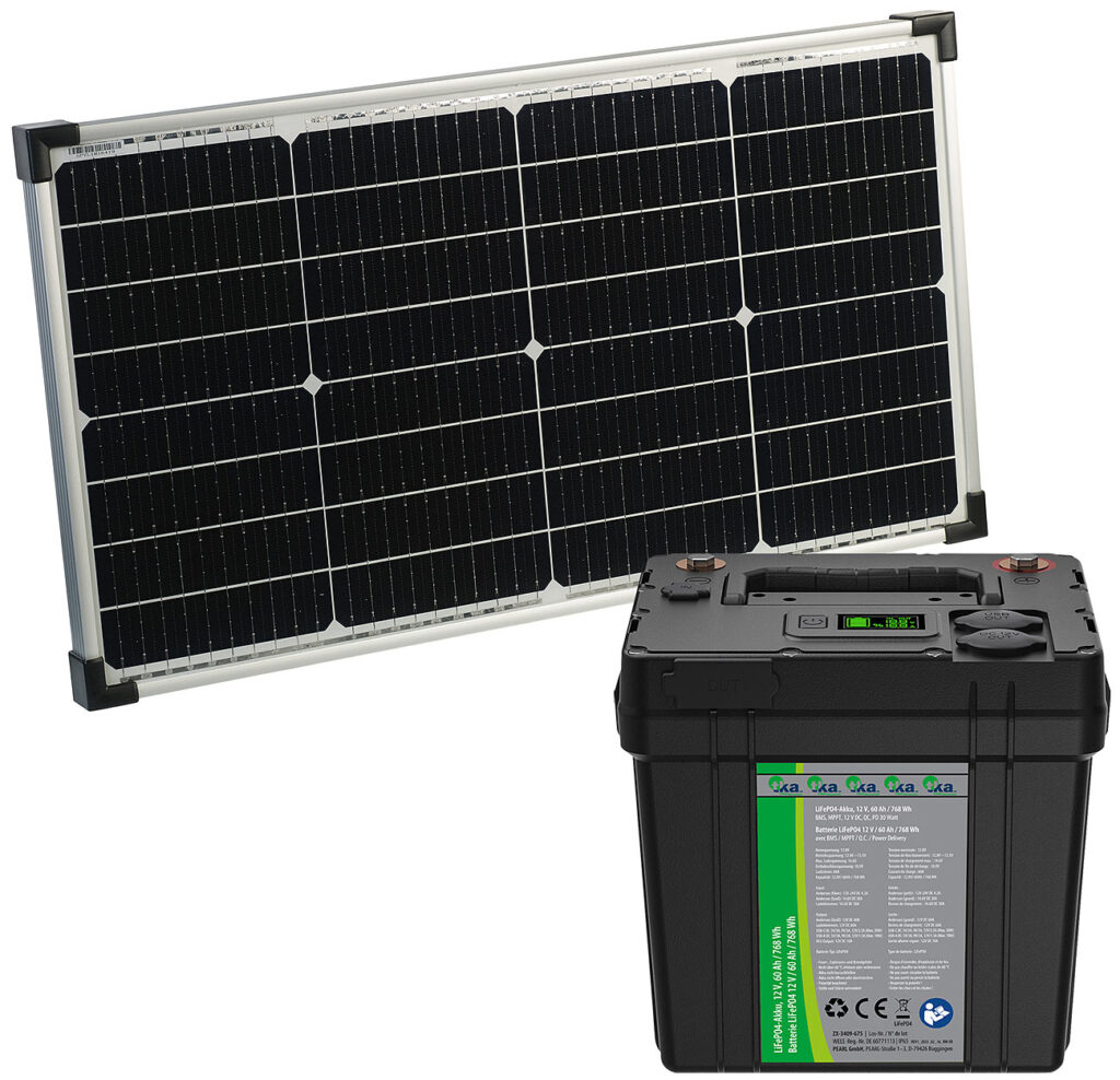 LiFePO4-Akku mit 60-Watt-Solarpanel, 12 V, 60 Ah / 768 Wh, DC + USB LiFePO4-Akku mit 60-Watt-Solarpanel, 12 V, 60 Ah / 768 Wh, DC + USB