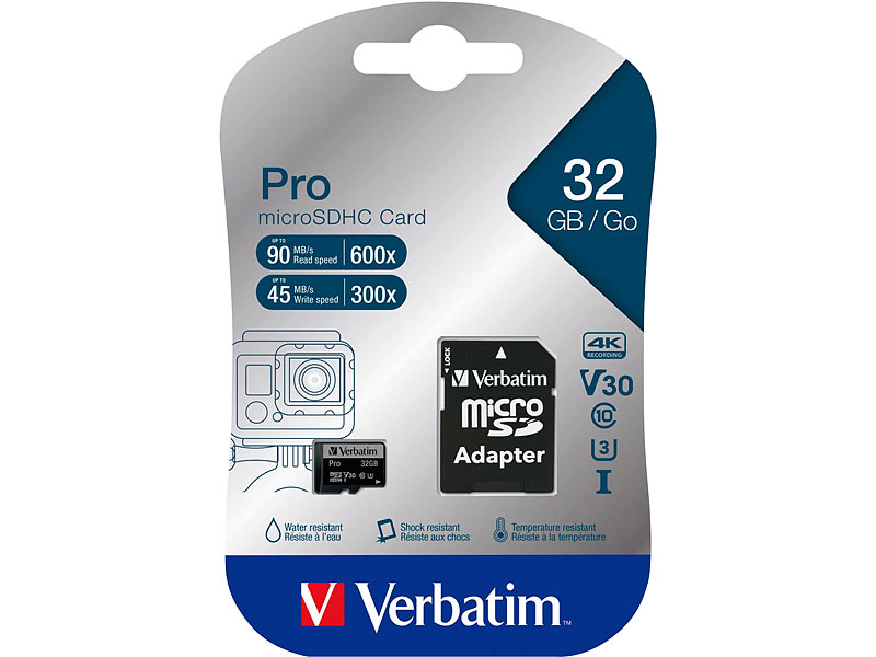 PRO microSDHC-Karte, 32 GB, U3 / UHS-I, bis zu 90 MB/s PRO microSDHC-Karte, 32 GB, U3 / UHS-I, bis zu 90 MB/s