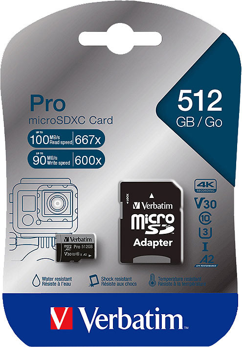 Pro microSDXC-Speicherkarte, 512 GB, 100 MB/s, Class 10, U3, V30 Pro microSDXC-Speicherkarte, 512 GB, 100 MB/s, Class 10, U3, V30