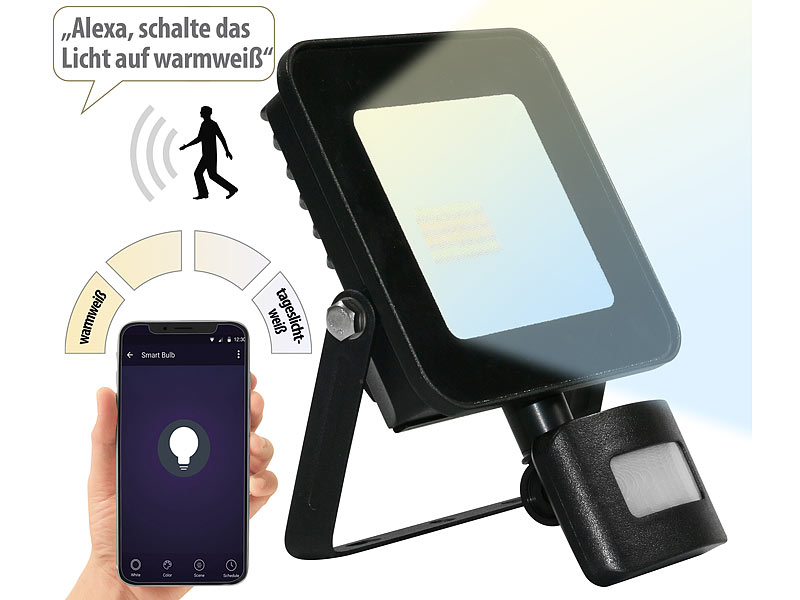 WLAN-Fluter, CCT-LEDs, App, Sprachsteuerung, PIR, 1.600 lm, 20 Watt, IP44 WLAN-Fluter, CCT-LEDs, App, Sprachsteuerung, PIR, 1.600 lm, 20 Watt, IP44