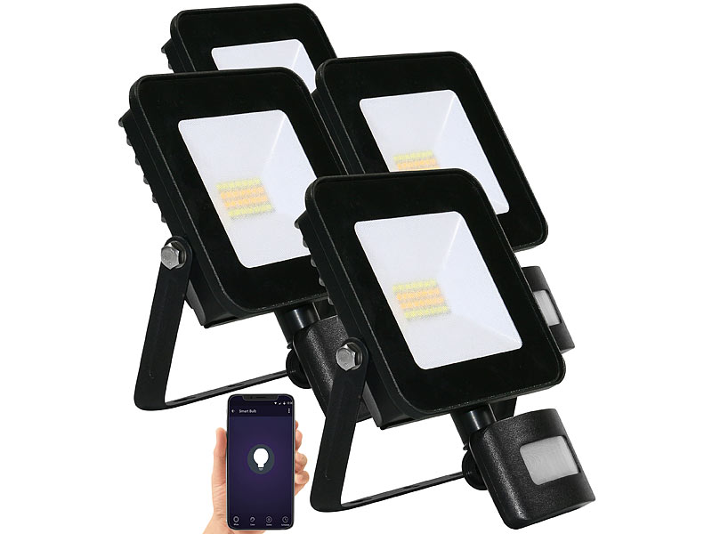 4er WiFi 20 Watt LED Strahler CCT mit Bewegungsmelder, 1.500 Lumen 4er WiFi 20 Watt LED Strahler CCT mit Bewegungsmelder, 1.500 Lumen