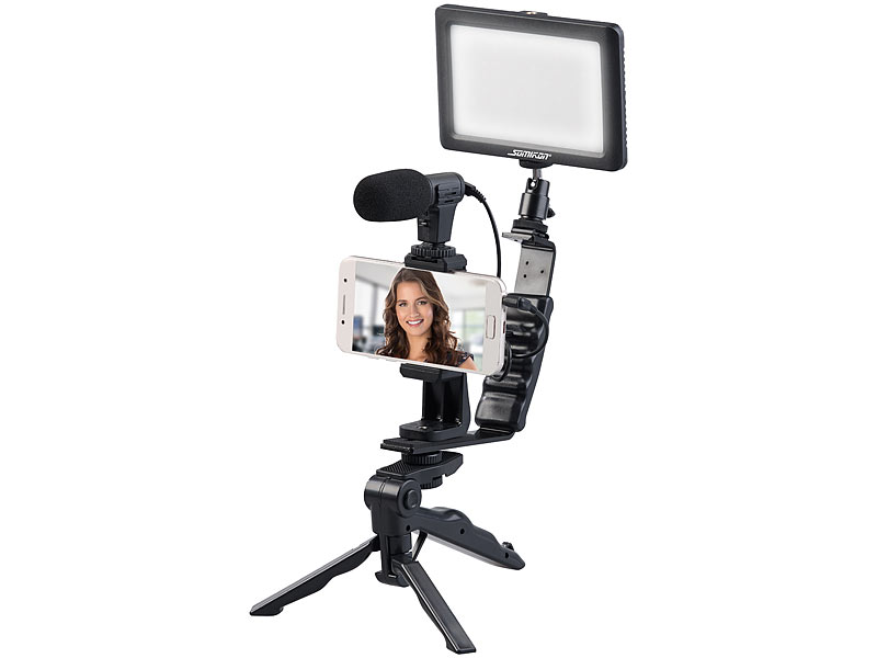 4-teiliges Vlogging-Set mit LED-Leuchte, Mikrofon, Stativ & Halterung 4-teiliges Vlogging-Set mit LED-Leuchte, Mikrofon, Stativ & Halterung