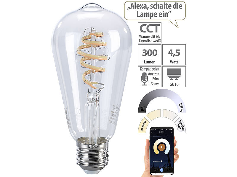 LED-Filament-Lampe E27, CCT-LEDs, für ZigBee-kompatible Systeme, 4,5 Watt LED-Filament-Lampe E27, CCT-LEDs, für ZigBee-kompatible Systeme, 4,5 Watt