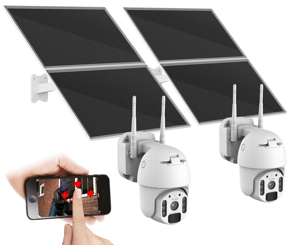 2er-Set Pan-Tilt-Überwachungskameras, 2K, WLAN, Akku, 25 Watt Solarpanel 2er-Set Pan-Tilt-Überwachungskameras, 2K, WLAN, Akku, 25 Watt Solarpanel