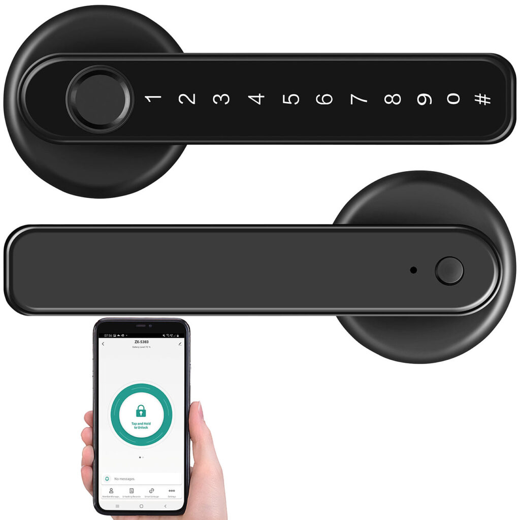 Sicherheits-Türbeschlag mit Fingerabdruck-Scanner, PIN & App, schwarz Sicherheits-Türbeschlag mit Fingerabdruck-Scanner, PIN & App, schwarz