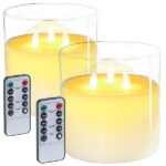 2er-Set LED-Echtwachs-Kerze im Windglas mit 3 beweglichen Flammen, Fernbedienung