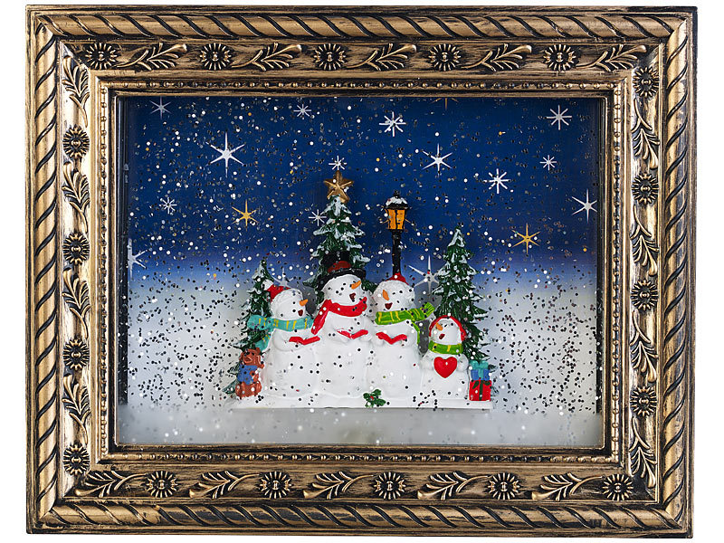Weihnachts-Bilderrahmen „Schneemannfamilie“, LEDs, Schneewirbel, Musik