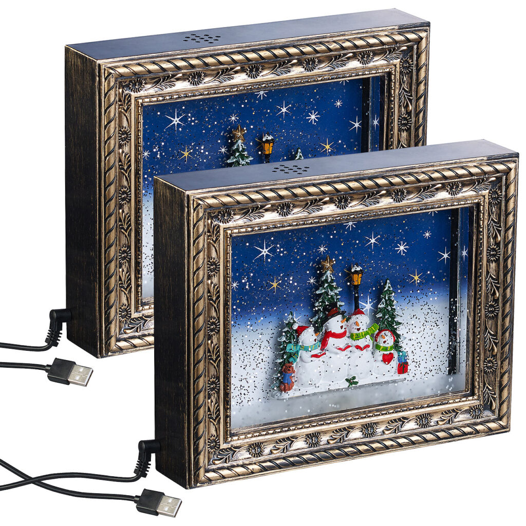2er-Set Weihnachts-Bilderrahmen mit LEDs, Schneewirbel, Musik und Timer 2er-Set Weihnachts-Bilderrahmen mit LEDs, Schneewirbel, Musik und Timer