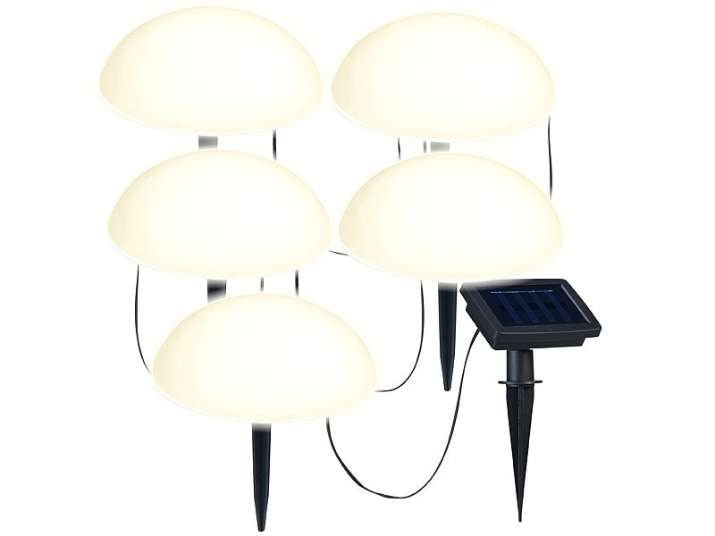 Solar-Bodenlichterkette mit 5 warmweissen Halbkugeln, Lichtsensor, IP44 Solar-Bodenlichterkette mit 5 warmweissen Halbkugeln, Lichtsensor, IP44