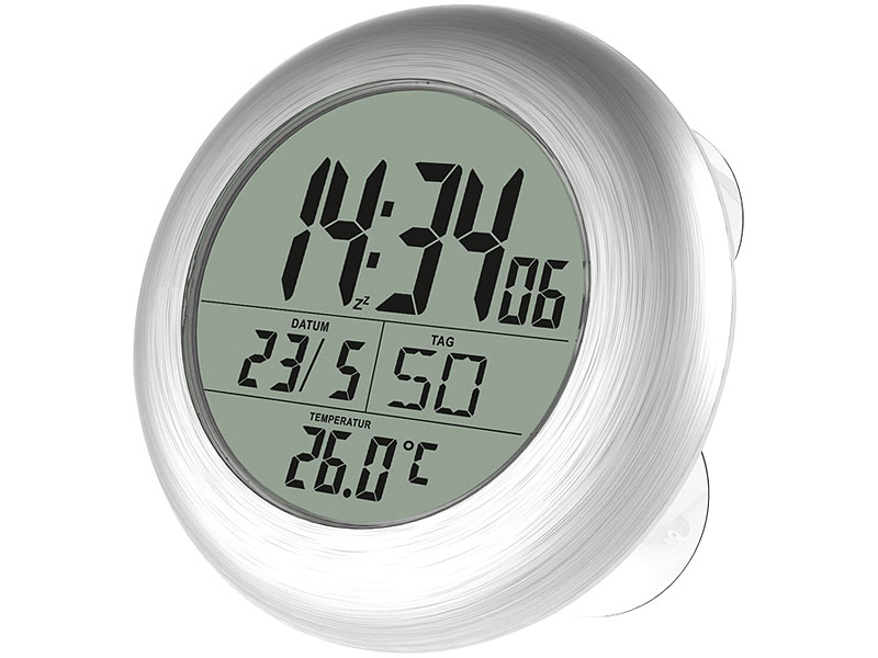 Digitale Badezimmer-Funk-Wanduhr mit Thermometer, Alu-Rahmen, IP24 Digitale Badezimmer-Funk-Wanduhr mit Thermometer, Alu-Rahmen, IP24