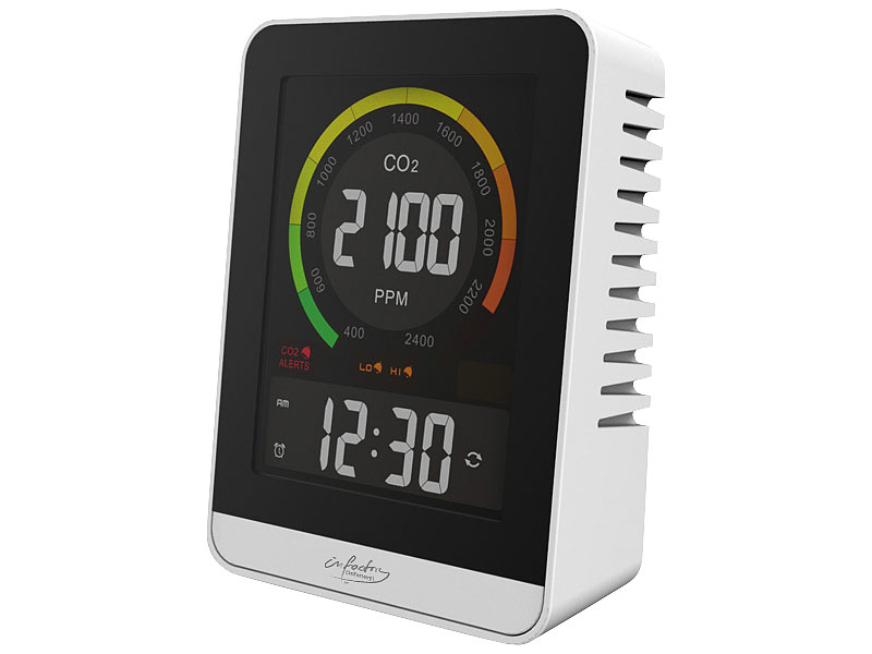 Digitales CO2-Messgerät mit Temperatur, Luftfeuchtigkeit, Uhr & Wecker Digitales CO2-Messgerät mit Temperatur, Luftfeuchtigkeit, Uhr & Wecker
