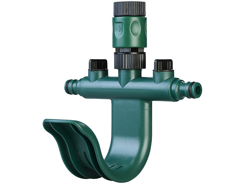 Regulierbarer 2-fach-Wasserverteiler mit praktischer Schlauchhalterung Regulierbarer 2-fach-Wasserverteiler mit praktischer Schlauchhalterung