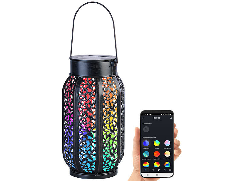 Smarte Solar-Laterne aus Metall mit RGB-CCT-LEDs, App, Bluetooth, IP44 Smarte Solar-Laterne aus Metall mit RGB-CCT-LEDs, App, Bluetooth, IP44