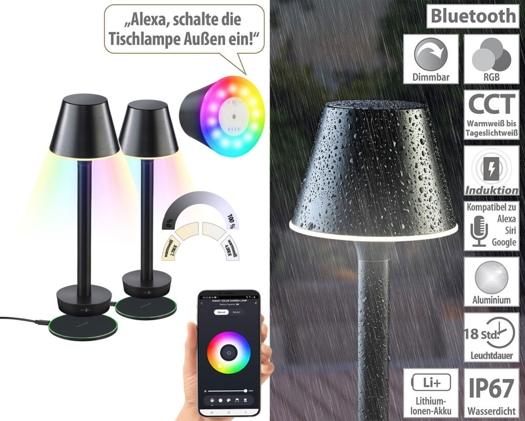 2er-Set Smarte Outdoor-Tischlampe, RGB-CCT-LEDs, App, Bluetooth 2er-Set Smarte Outdoor-Tischlampe, RGB-CCT-LEDs, App, Bluetooth