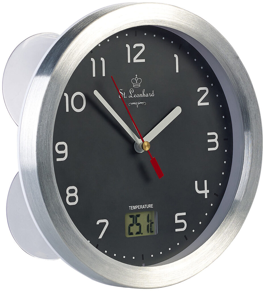 Badezimmer-Wanduhr mit LCD-Thermometer, Aluminium-Rahmen, IPX4, grau Badezimmer-Wanduhr mit LCD-Thermometer, Aluminium-Rahmen, IPX4, grau