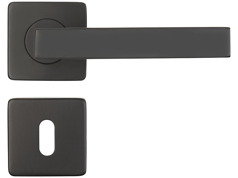 Edelstahl-Türbeschlag mit 2 Klinken & Rosetten, eckig, schwarz Edelstahl-Türbeschlag mit 2 Klinken & Rosetten, eckig, schwarz
