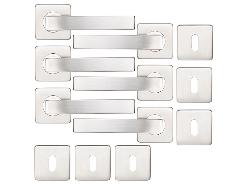 3er Edelstahl-Türbeschlag-Set, 3 Türklinken und Rosetten-Garnitur, silber 3er Edelstahl-Türbeschlag-Set, 3 Türklinken und Rosetten-Garnitur, silber