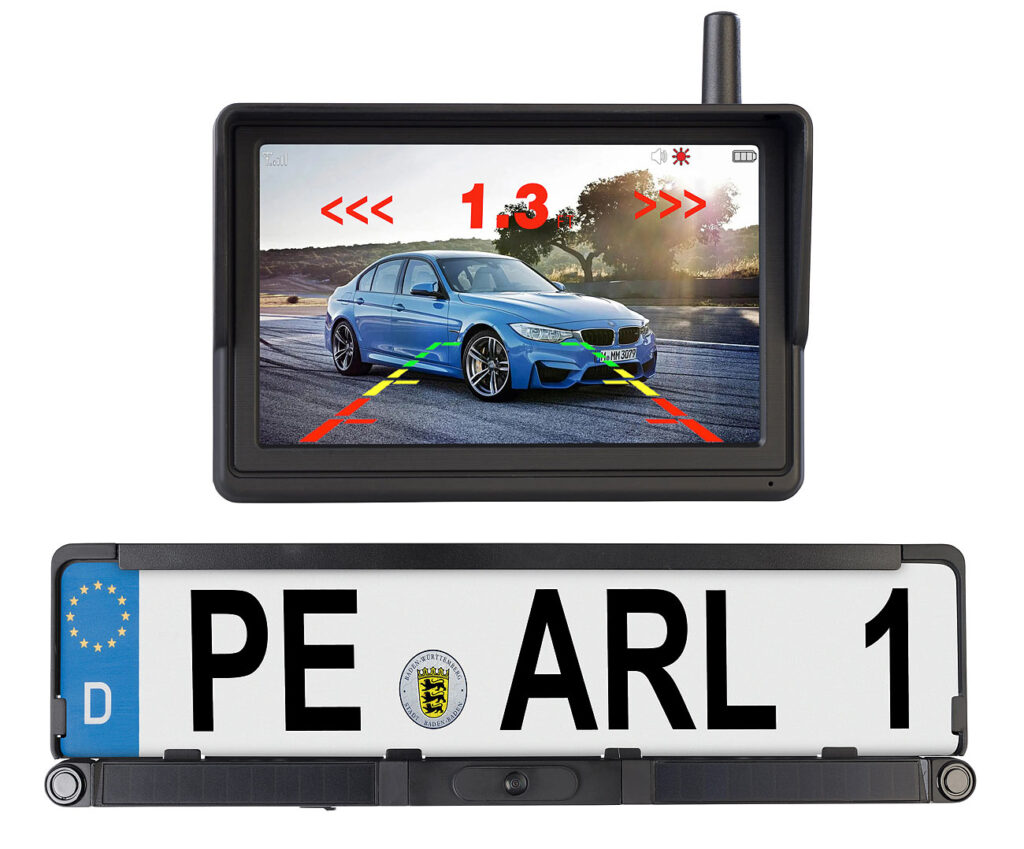 Solar-Funk-HD-Rückfahrcam Nummernschildhalter, Monitor, Abstandswarner Solar-Funk-HD-Rückfahrcam Nummernschildhalter, Monitor, Abstandswarner