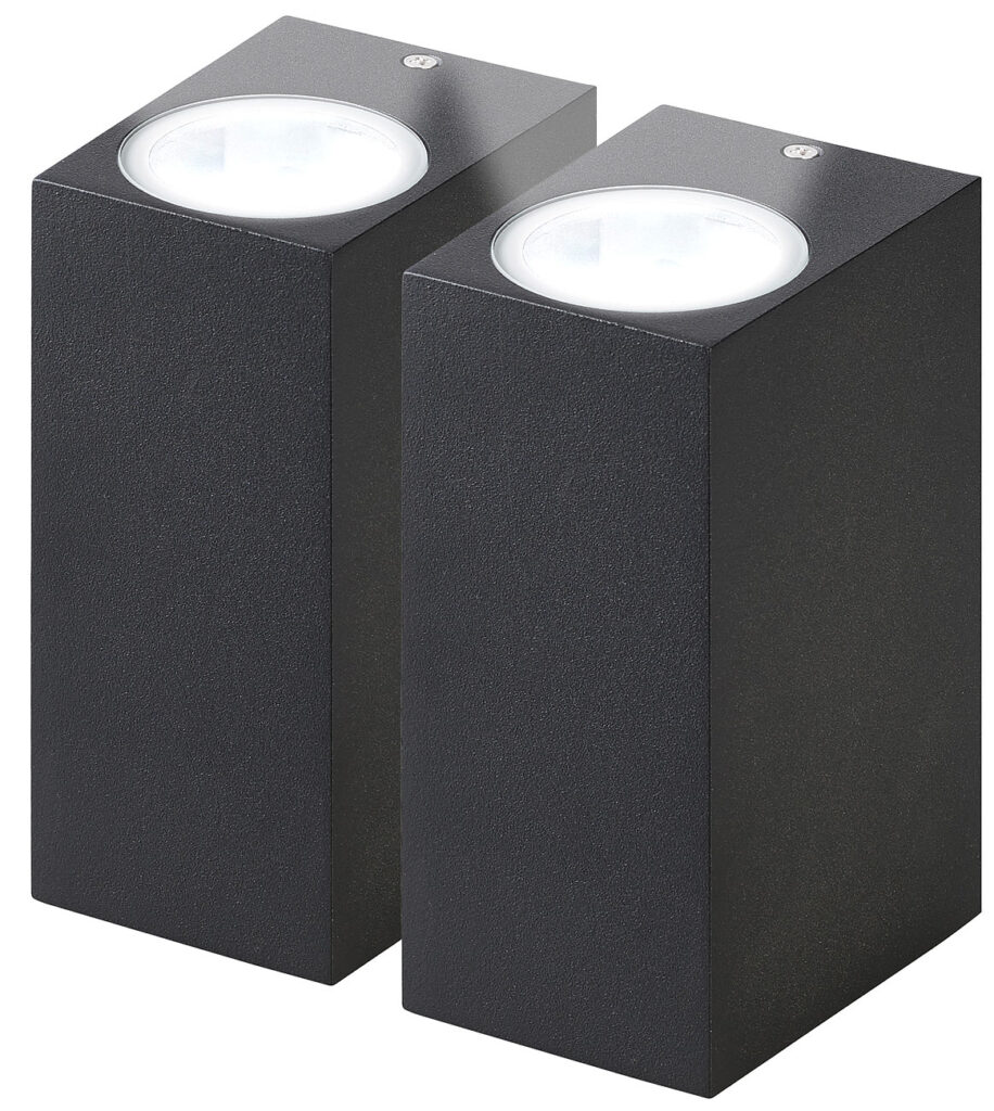 2er-Set Eckige LED-Wandleuchte, Up/Down Lampe, 2x GU10 Sockel, IP44, schwarz 2er-Set Eckige LED-Wandleuchte, Up/Down Lampe, 2x GU10 Sockel, IP44, schwarz