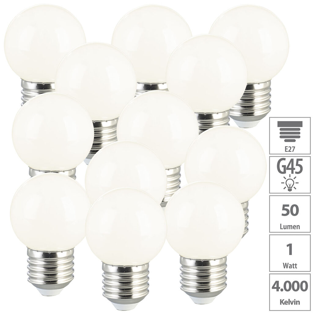 12er-Set LED-Lampen, E27 Retro, G45, 50 lm, 1 Watt, 4000 k