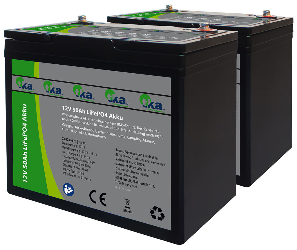 2er-Set LiFePO4-Akkus, 12 V, 50 Ah / 640 Wh, BMS, für Solaranlagen 2er-Set LiFePO4-Akkus, 12 V, 50 Ah / 640 Wh, BMS, für Solaranlagen