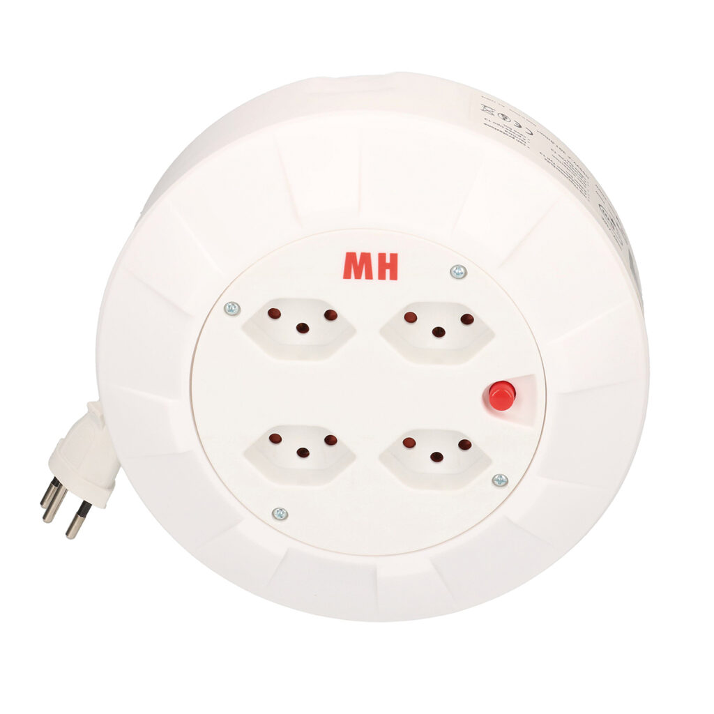 Kabelrolle mit 4 Steckdosen des Typs T13 und Schalter, Kabellänge, 5m, weiss