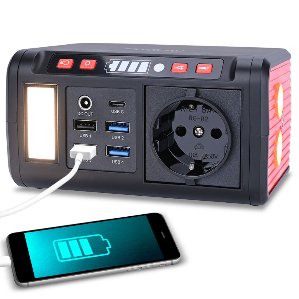 Kompakte Powerstation & Solargenerator, LED-Leuchte, 120W, 12/230V, 88,8 Wh