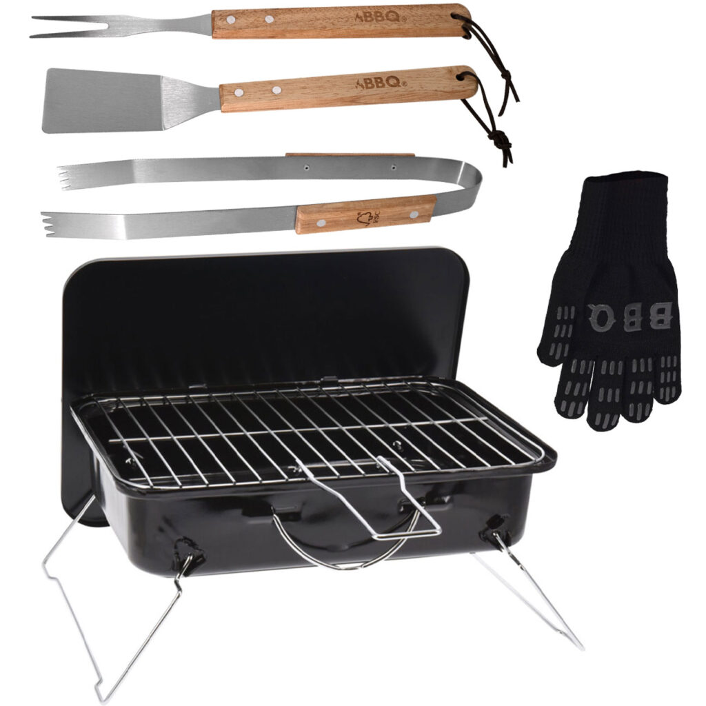 Grill-Set aus klappbarem Holzkohlegrill (35x25cm), Grillbesteck und Grillhandschuh Grill-Set aus klappbarem Holzkohlegrill (35x25cm), Grillbesteck und Grillhandschuh