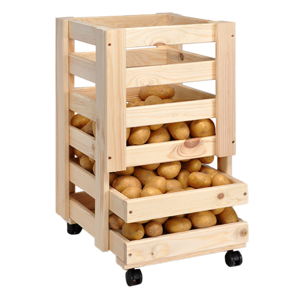Kartoffelkiste aus Kiefernholz, mit Rollen, 30 x 52,5 x 30 cm