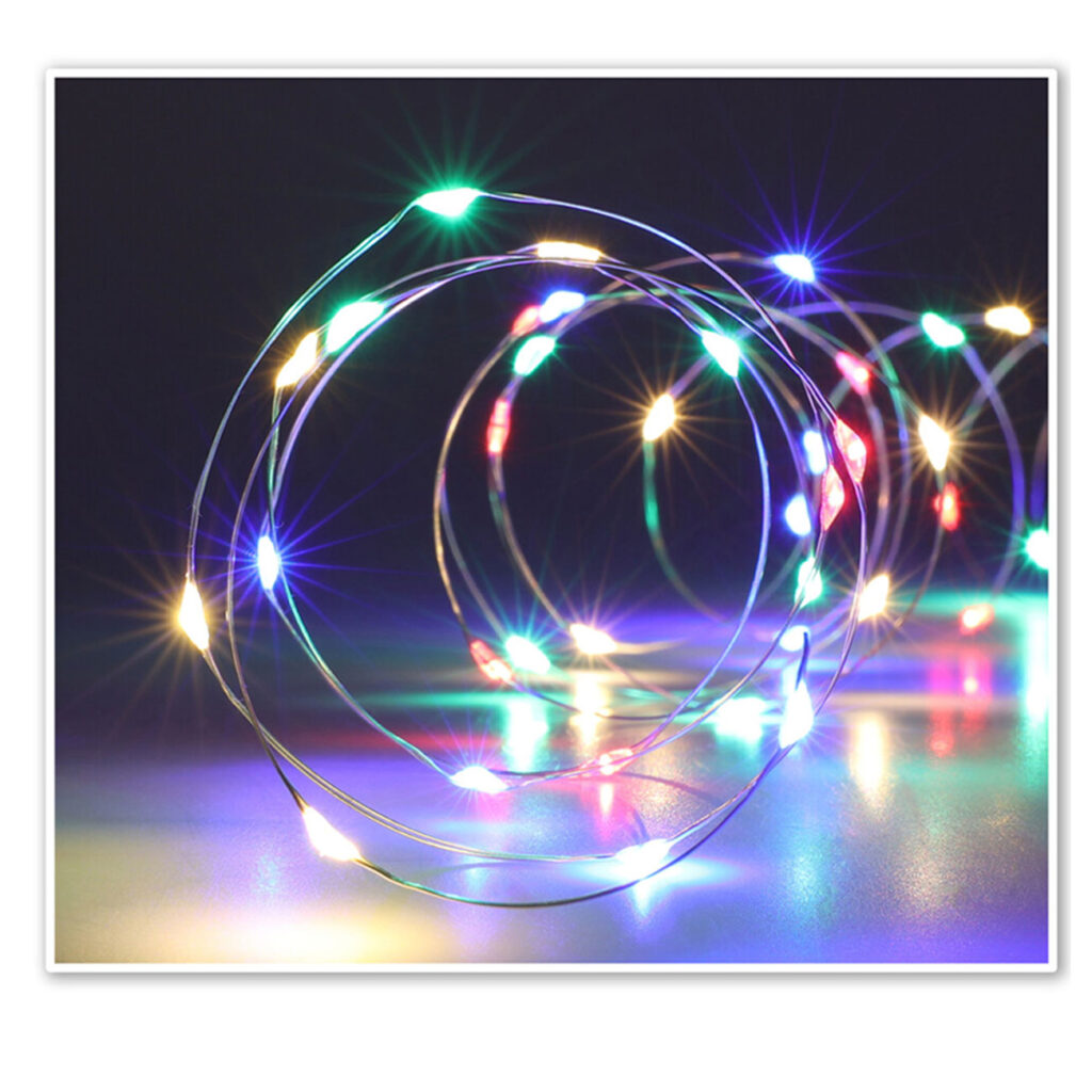 Silberdraht-Lichterkette, 80 LEDs, IP44, batteriebetrieben, bunt, L 395 cm Silberdraht-Lichterkette, 80 LEDs, IP44, batteriebetrieben, bunt, L 395 cm