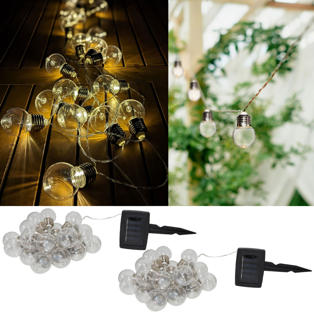 2er-Set LED-Lichterkette mit 20  LEDs in Glühbirnenform, solarbettrieben, 3,8 Meter