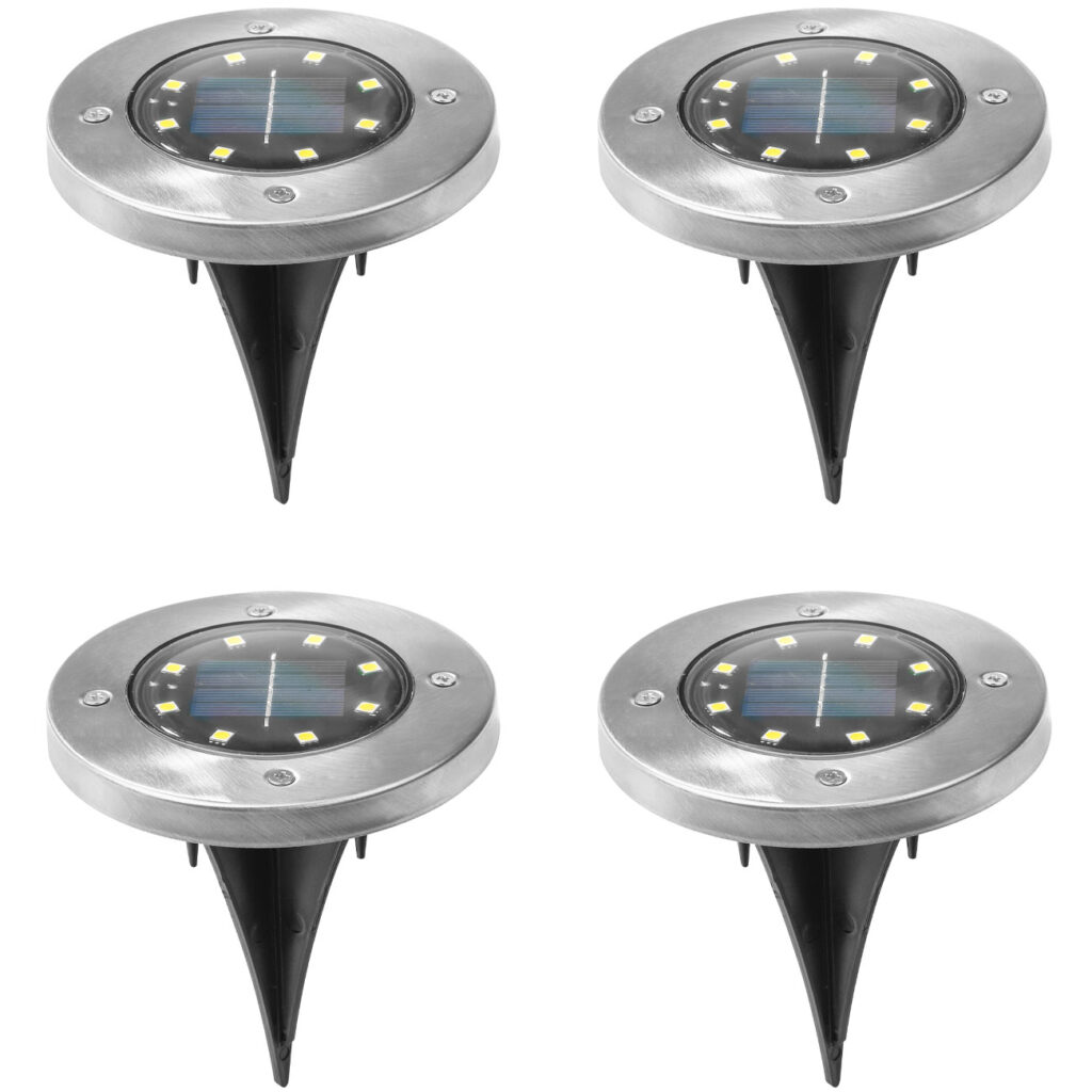 4er-Set, LED-Bodenleuchte, Solar, Edelstahl, je Ø 12 x H 14 cm, Wegeleuchte 4er-Set, LED-Bodenleuchte, Solar, Edelstahl, je Ø 12 x H 14 cm, Wegeleuchte