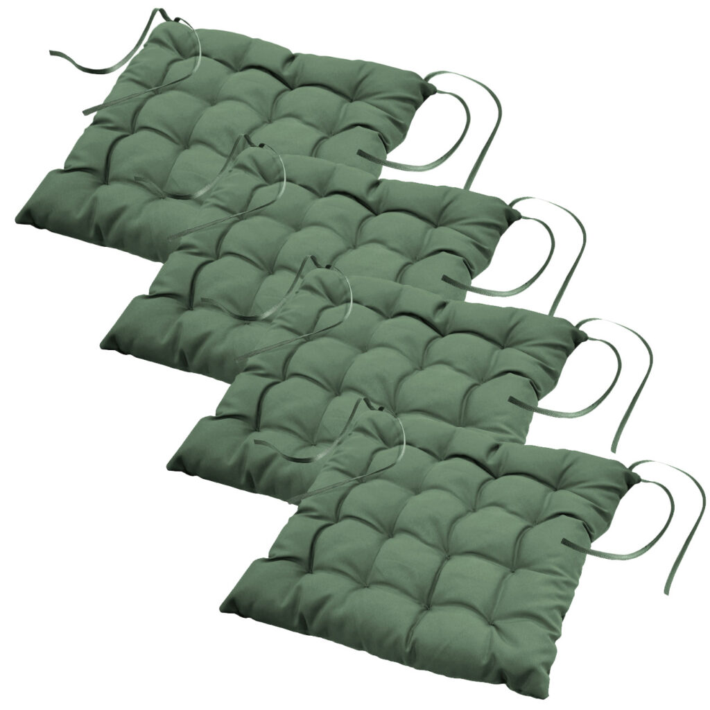 4er-Set Stuhlkissen gesteppt aus Polyester, Sitzkissen mit Bändchen, khaki, 40 x 40 cm