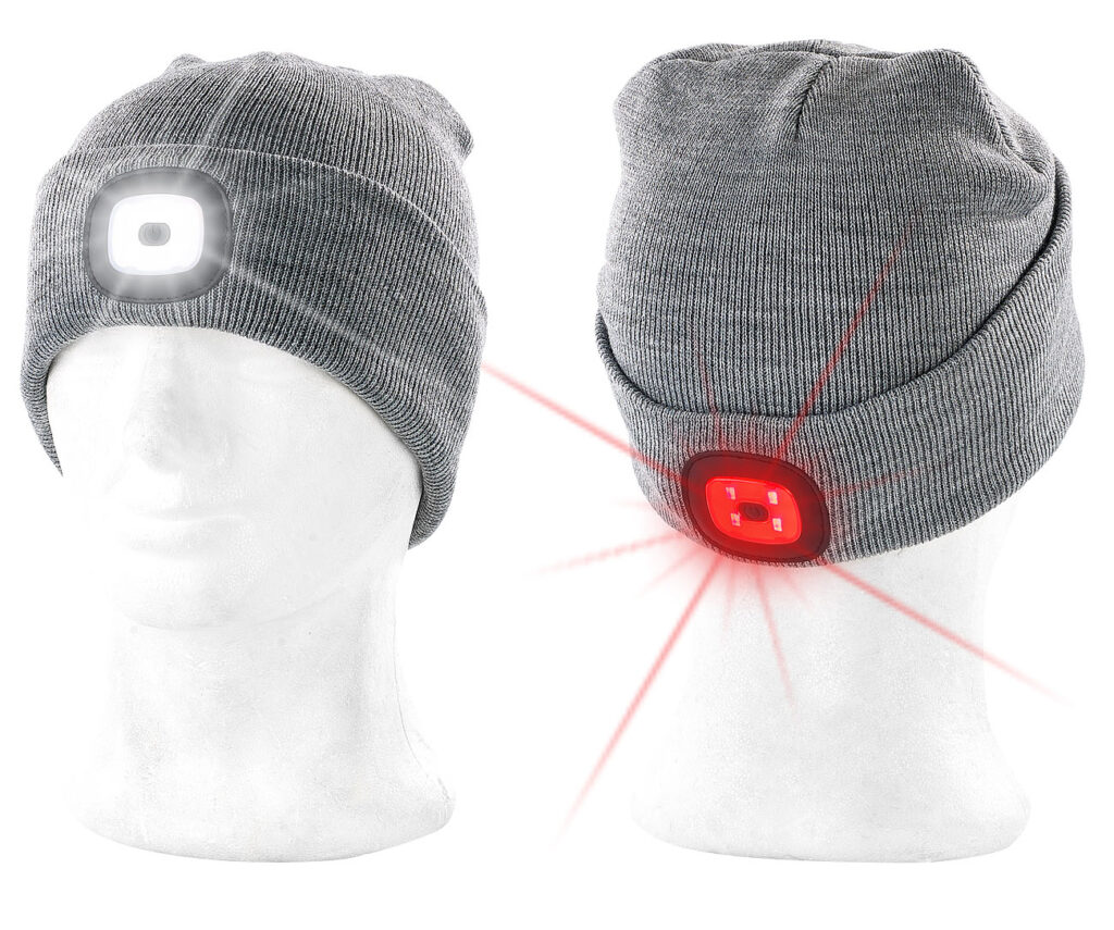 Graue Strickmütze mit weissen (vorne) & roten (hinten) LEDs
