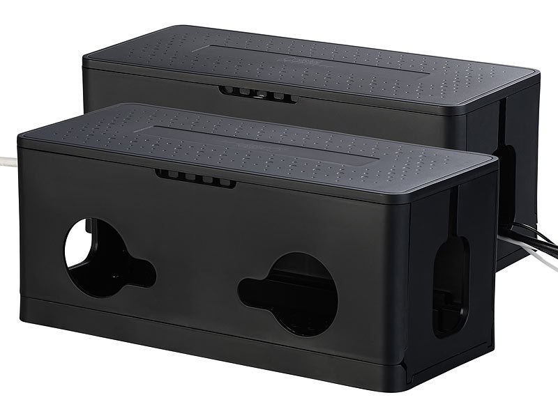 2er-Set Kabel- & Steckdosen-Box mit Kabelschlitzen, Belüftung, schwarz