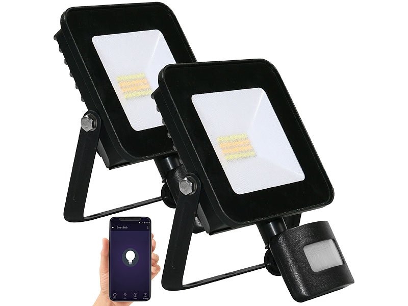 2er-Set WLAN-Fluter, CCT-LEDs, App, PIR, 1.600 lm, 20 Watt, IP44