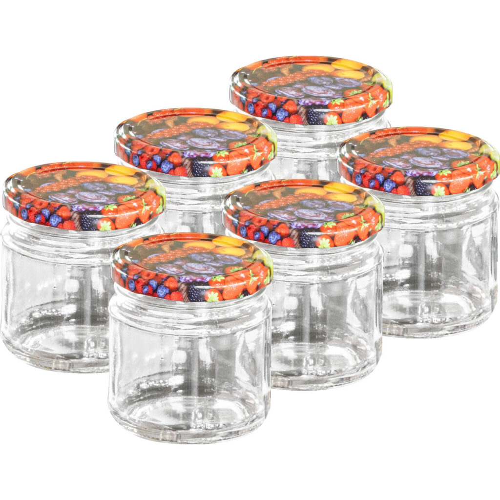 6er-Set Einmachgläser mit Schraubdeckel, Sturzgläser mit Früchte-Muster, je 315 ml