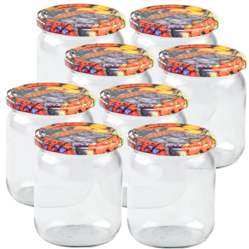 8er-Set Einmachgläser mit Schraubdeckel, Sturzgläser mit Früchte-Muster, je 540 ml