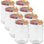 8er-Set Einmachgläser mit Schraubdeckel, Sturzgläser mit Früchte-Muster, je 720 ml