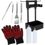 Grill Set: Edelstahl-Besteck, Haken, Ablage, Handschuh & Squeeze Flaschen