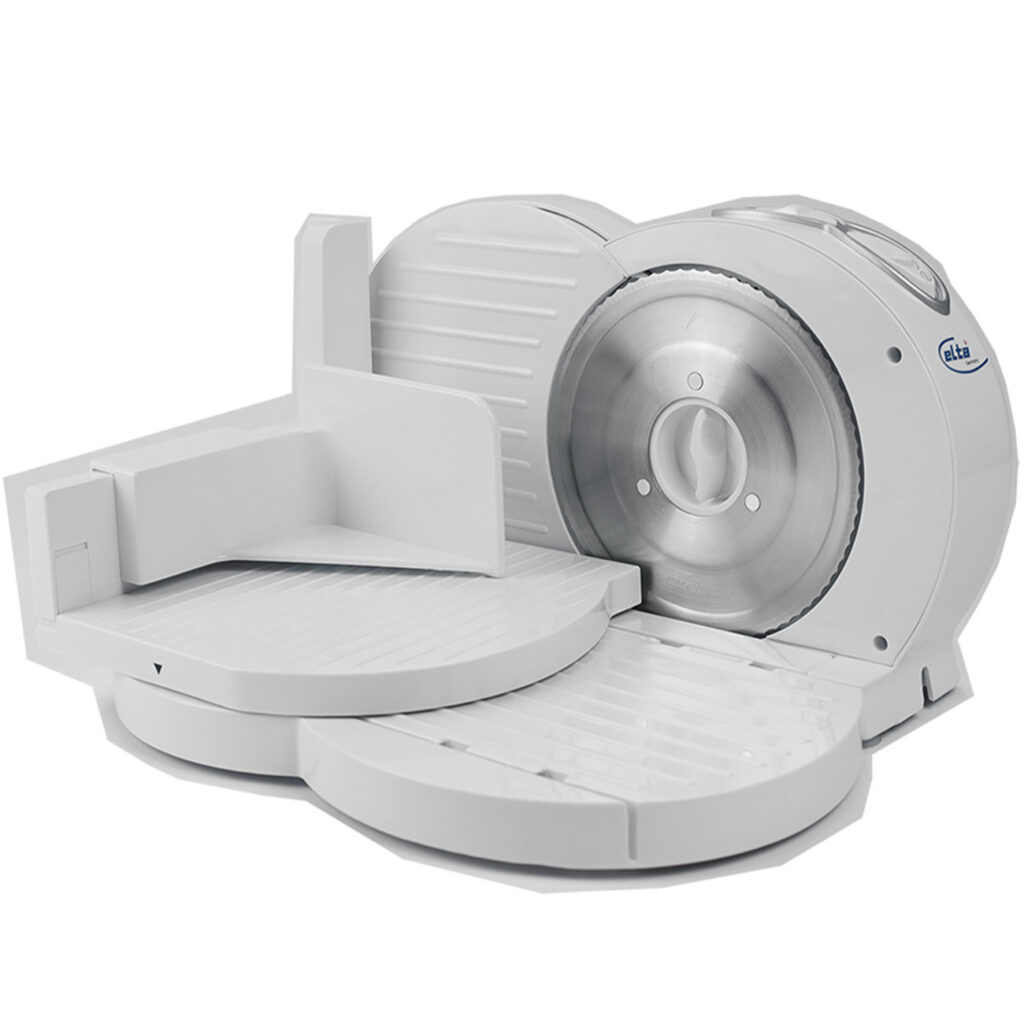 Allesschneidemaschine mit stufenlos einstellbarer Schnittstärke & Fingerschutz, weiss