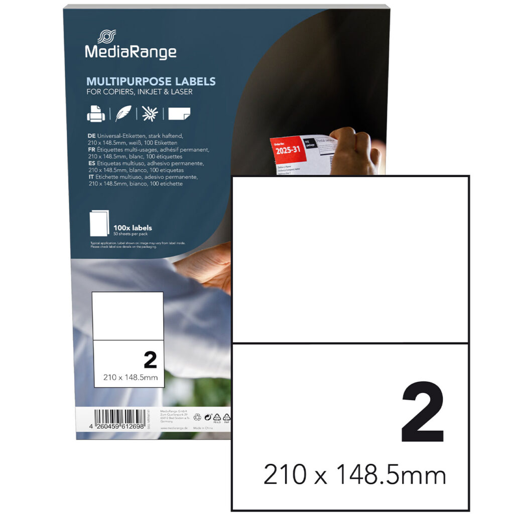 Universal-Klebe-Etiketten, stark haftend, 210 x 148.5 mm, 50 Blatt / 100 Etiketten, weiss